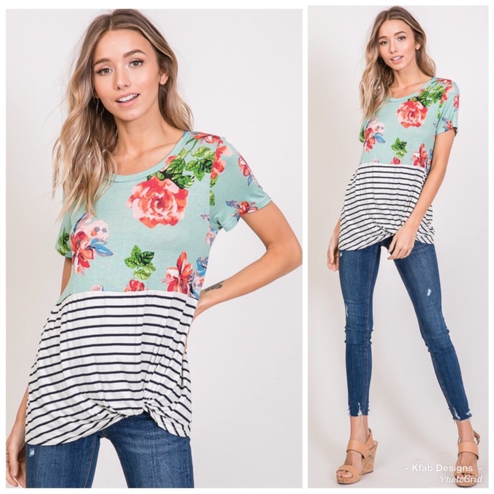 SAGE STRIPED FLORAL FRONT KNOT TOP